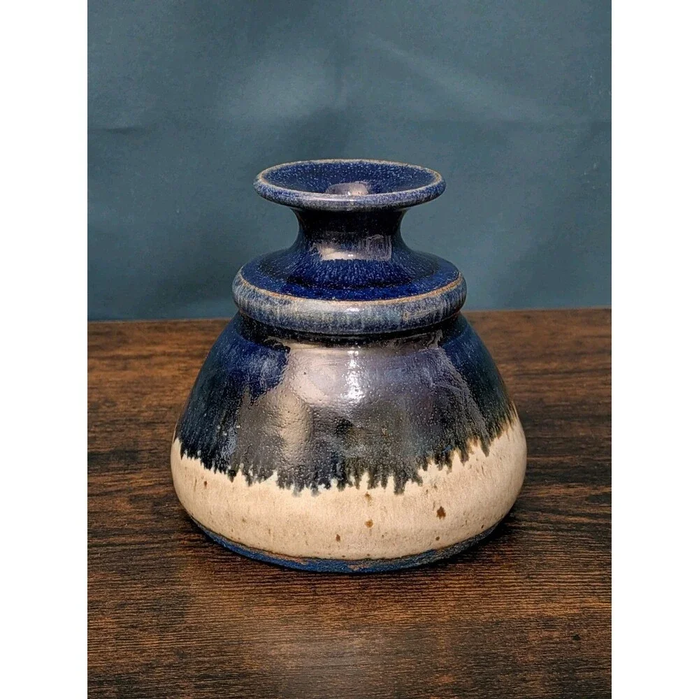 Vintage Bud Vase Clay Studio Art Pottery Bud Vase Blue Glaze MCM Candle Holder